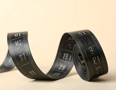 Black Measuring Tape Rolled into a Spiral Shape on a Minimalist Beige Background