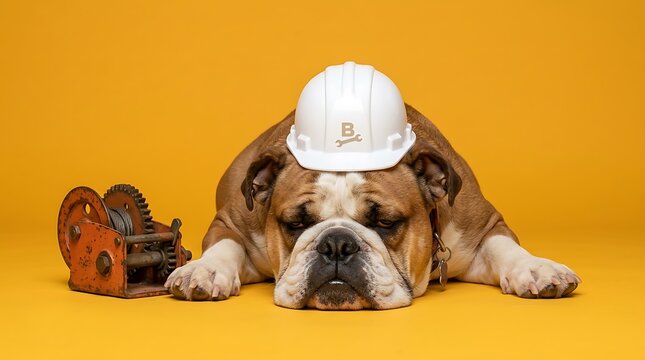 Tired bulldog wearing construction helmet sitting beside rusty mechanical gear tool solid yellow background with mechanism against solid