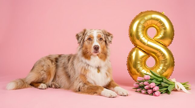 Australian shepherd dog lying beside gold eight balloon and pink tulip bouquet celebration with resting pink background background next large