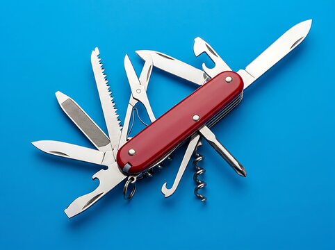 A red swiss army knife with many open stainless steel blades and tools isolated against a bright blue background for outdoor survival gear