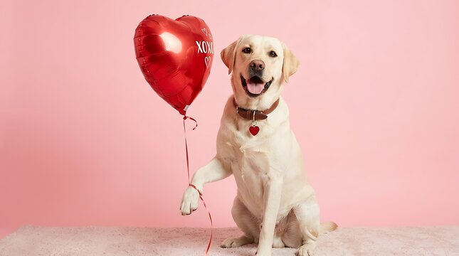 Happy labrador retriever holding red heart shaped balloon against soft pastel pink studio background with cheerful yellow labrador