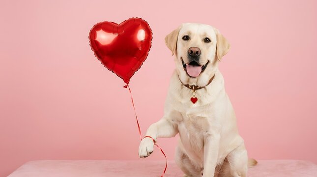 Happy labrador retriever dog holding red heart balloon against soft pink studio background celebration with cheerful yellow labrador