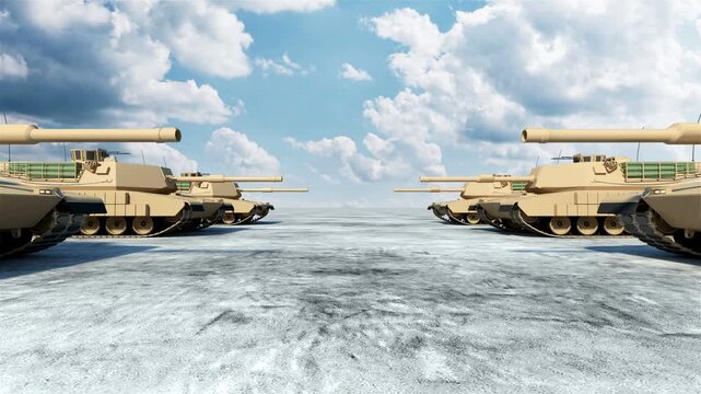 Rows of desert-colored battle tanks face each other across a wide icy plain under a bright cloud-filled sky as the camera slowly moves forward in a symmetrical 3D render