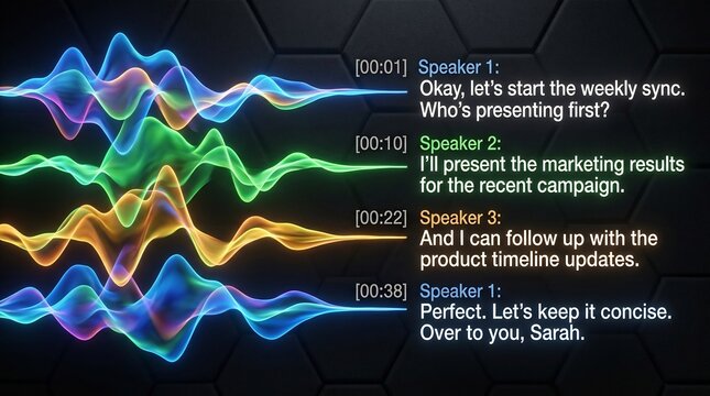 Futuristic AI voice processing sound waves on dark digital background with neon colors