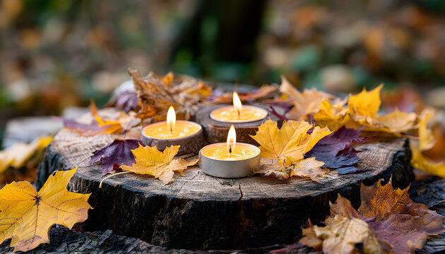Autumn candles on tree stump with fallen leaves