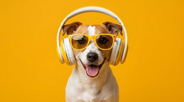 Happy jack russell terrier dog wearing yellow sunglasses and modern headphones against bright vibrant background with displays cheerful jack