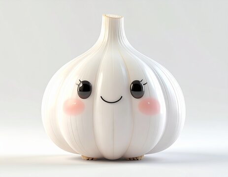 cute 3D cartoon garlic bulb, adorable chibi style, plump white garlic head with cloves