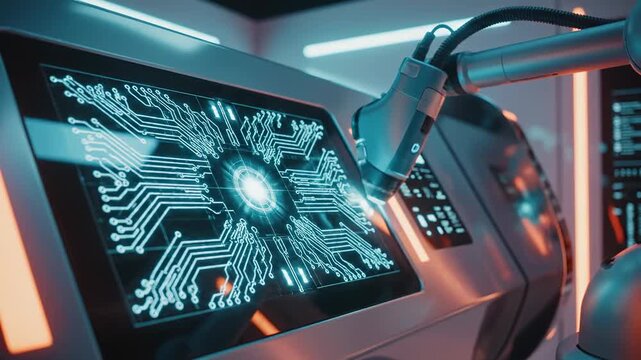 Close up of a robotic arm interacting with a glowing digital circuit board displaying complex data, futuristic technology, artificial intelligence and data analysis