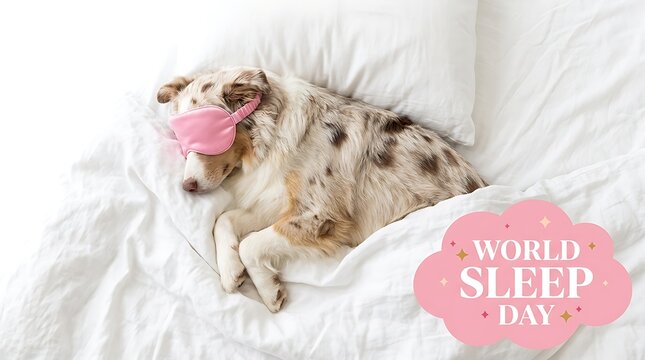 Cute australian shepherd dog sleeping peacefully in white bed with pink eye mask for rest with graphic overlay world world sleep day