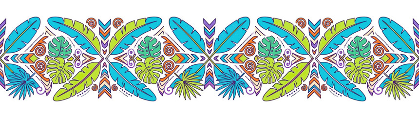 Tropical Leaf Pattern Border with Tribal Geometric Elements © cicok