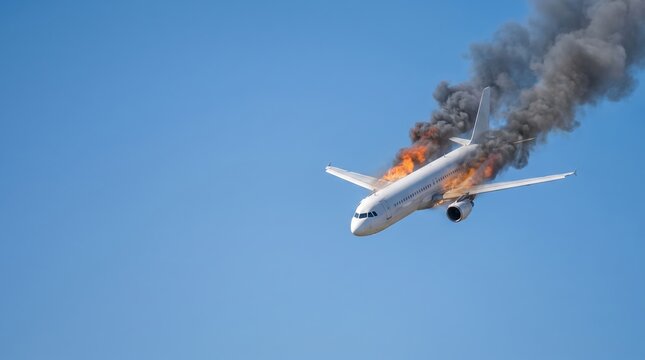 An aircraft is in the sky with flames and smoke erupting from its body. The scene shows a critical situation above the ground, likely during an emergency