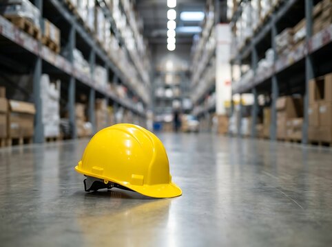 A bright yellow hard hat resting on the concrete floor in the middle of a large industrial warehouse with tall storage racks