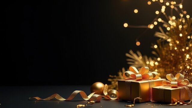 elegant golden party decor and gift boxes on black backdrop for luxury advertisement mockup