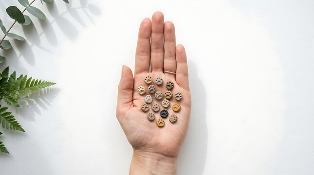 Person holding small clay paw print charms in hand against minimalist white background with green foliage with pieces with pieces