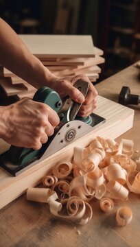 Close-up of a carpenter using a hand plane to smooth a wooden board. Traditional woodworking craftsmanship and furniture making concept.