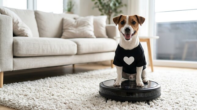 Happy jack russell terrier wearing heart shirt sitting atop robotic vacuum cleaner inside bright living room with black heart patterned