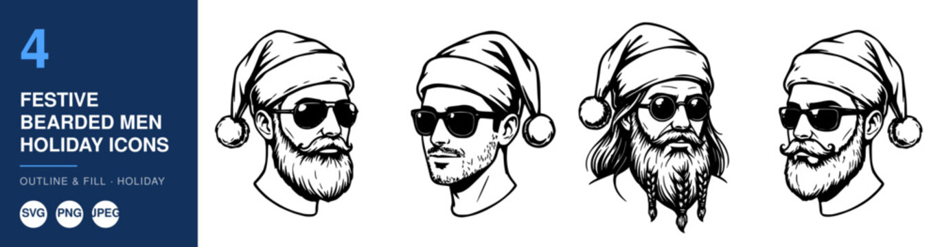 Four Bearded Men Wearing Santa Hats and Sunglasses Illustration Featuring Beards, Festive, Holiday with Christmas and Winter