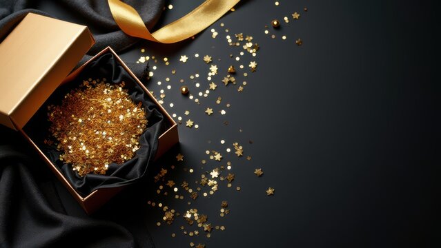 luxury open gift box display with golden accents on dark velvet surface perfect for elegant advertisement banner copy space studio shot
