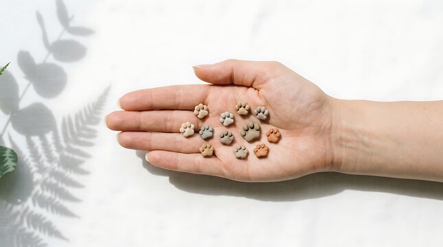 Human hand holding small clay paw prints representing animal companionship with natural lighting conditions small collection miniature