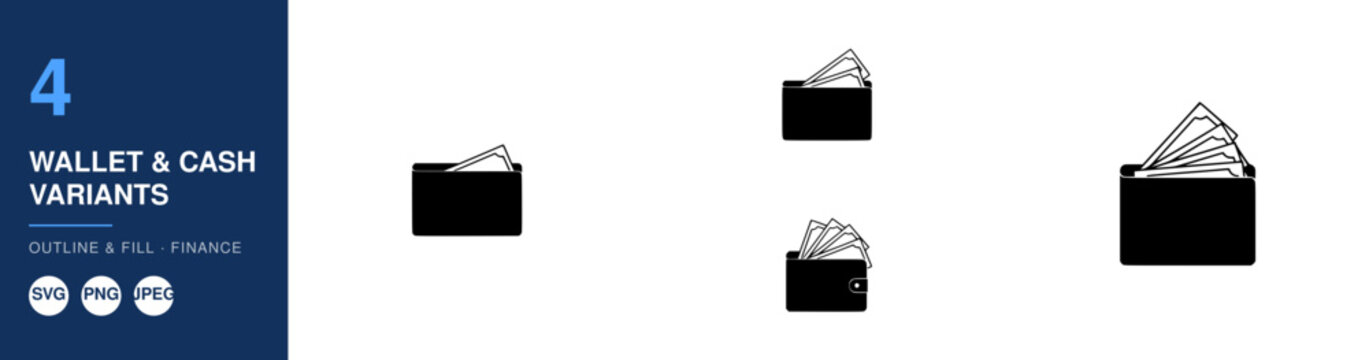 Four Black Wallets Arranged in a 2x2 Grid, Each with a Different Amount of Cash Sticking Out Featuring Wallet, Money, Arrangement