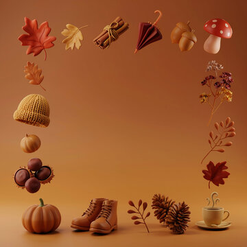Autumn Background Frame with Acorns, Mushrooms, Fall Leaves and Seasonal Elements on Warm Gradient