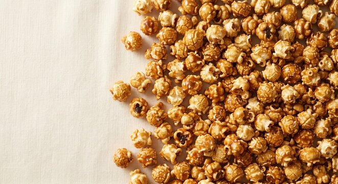 Caramel popcorn scattered on a light textured background with copy space. Sweet crunchy snack for cinema, parties and food advertising in a clean minimal composition.