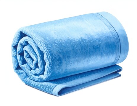 Blue microfiber towel rolled for travel isolated on a white background