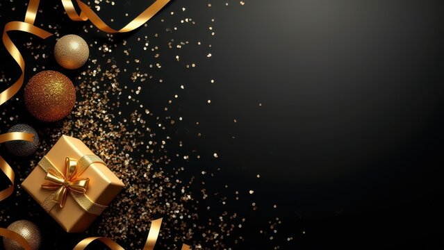 luxurious flat lay party setup gold decorations gift box black background negative space elegant studio shot for advertising