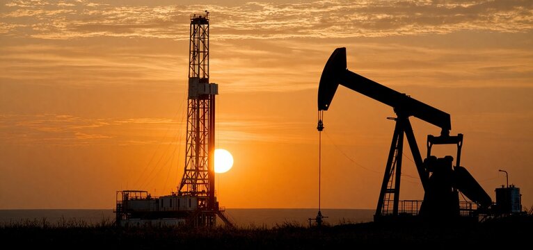 Oil rig and pump jack silhouette against a glowing orange sunset sky, highlighting industrial energy production.