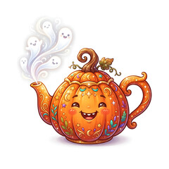 Adorable Pumpkin Shaped Teapot with Whimsical Ghost Steam for Magical Fall Seasonal Decor and Enchanting Autumn Holiday Kitchenware Celebration © Stock Pict V