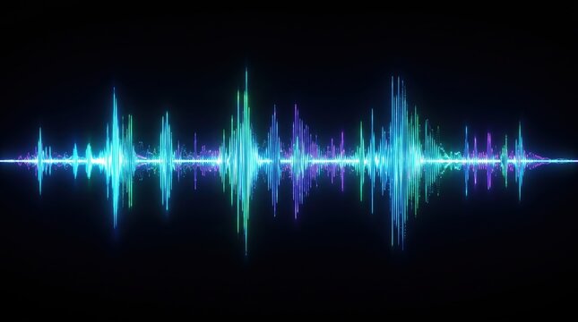 Bright colors display sound waves with various heights and shapes on a dark background. The image illustrates different audio frequencies. This visual representation shows energy