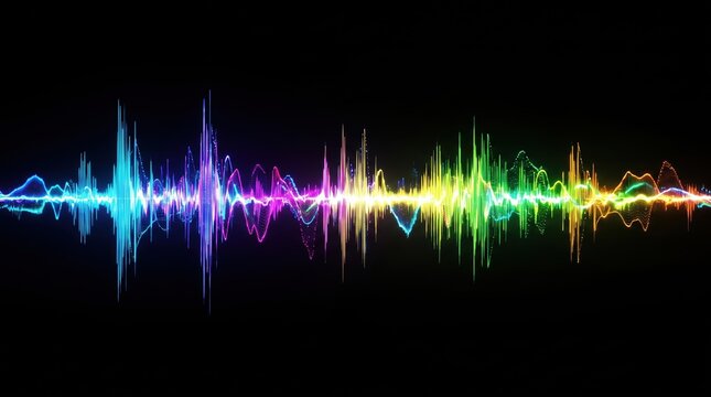 Colorful sound waves on a black background. The waves vary in height and shape, illustrating different sound frequencies
