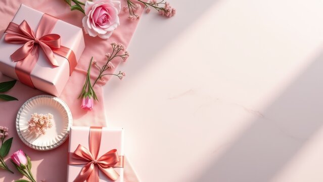 elegant pink birthday flat lay gifts tableware florals celebration copy space advertising mockup natural light