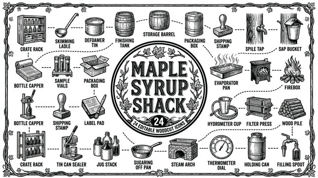 Vintage black and white woodcut illustration of maple syrup shack equipment icons including sap bucket, evaporator pan, spile tap, and boiling tools for traditional sugaring.