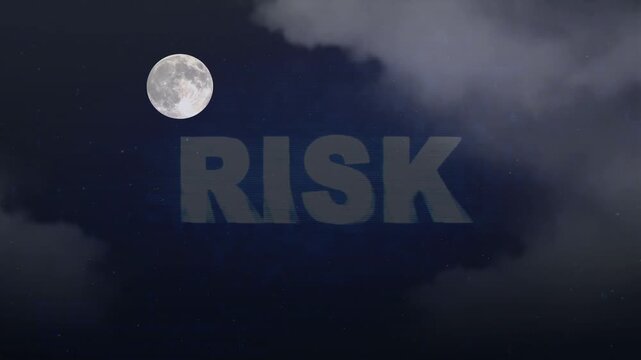 Digital risk text overlay with full moon and dark clouds atmosphere cinematic motion graphic for business financial security concepts and cybersecurity threat analysis background footage