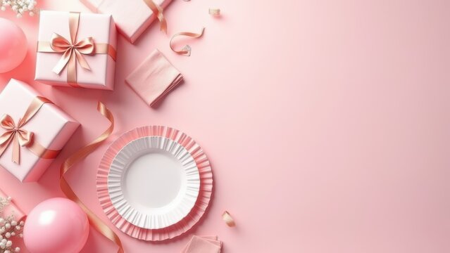 overhead flat lay pink birthday party setting with blush gift boxes tableware balloons and ribbon perfect for joyful event marketing copy space