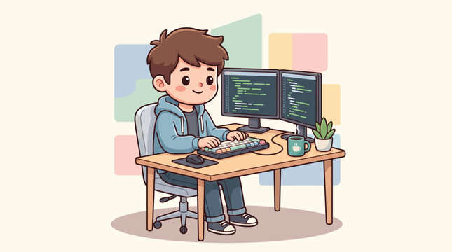 Cute junior programmer seeing monitor and writing code at his office desk with dual screens cartoon illustration