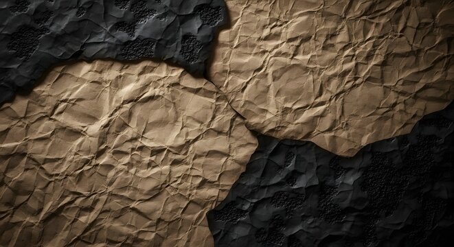 Crushed brown paper texture layered over black rough surface.