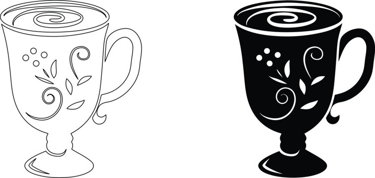 Elegant outlined and solid black drawing of a fancy mug with swirls and floral pattern on checkered background.