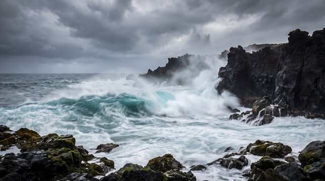 Enormous turquoise waves crashing violently against dark rocky coastline under stormy skies, creating dramatic sea spray and powerful ocean currents