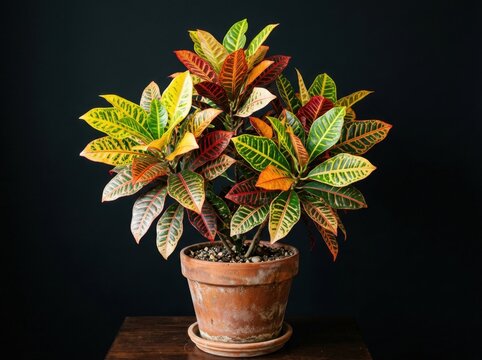 Vibrant croton houseplant in terracotta pot on dark background.
