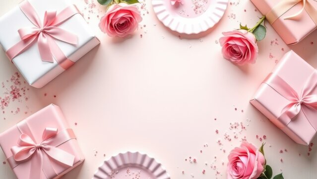 overhead flat lay pink birthday celebration gifts roses confetti on wood background bright natural light event decor advertising