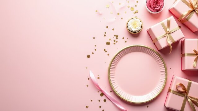 festive pink birthday flat lay gifts dessert plates confetti elegant setup for branding mockup top view joyful celebration