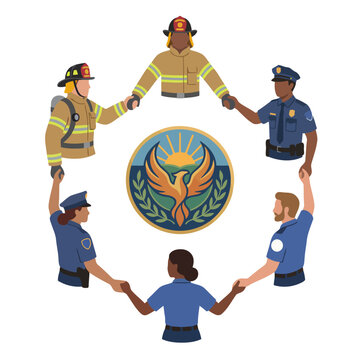 First responders unite! A diverse group of firefighters, police, and EMS professionals form a circle, symbolizing support. A central emblem highlights their network.  A strong, collaborative image.