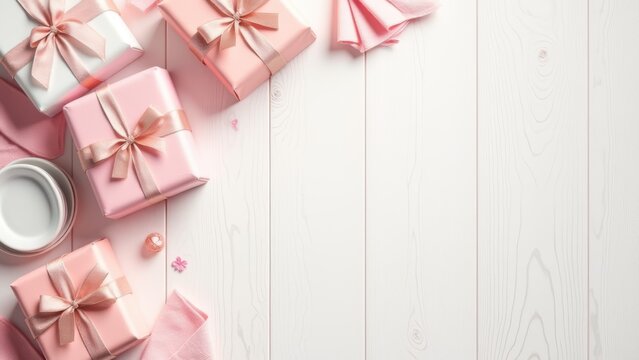 blush pink and white celebration flat lay arrangement on light wood for announcement or invitation banner natural daylight overhead view
