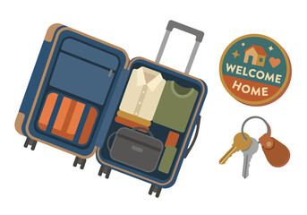 A stylish suitcase packed with travel essentials, symbolizing a homecoming transition. Keys and a welcome sign add a warm, inviting touch. Ideal for travel, relocation, or moving home themes. © Vector Factory