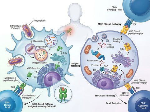 Detailed Medical Illustration Showing MHC Class I and MHC Class II Antigen Processing and Presentation Pathways for Immune Activation