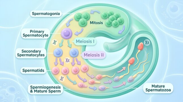 Spermatogenesis process diagram showing human sperm cell development meiosis and mitosis stages illustration