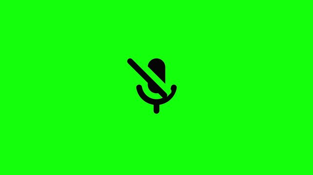 A bold black mute microphone icon with a diagonal prohibition line is centered on a solid bright lime green background in clean vector style.