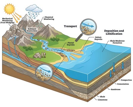 Detailed infographic on Earth's dynamic geological processes, visualizing natural weathering, erosion, sediment transport, deposition, and rock formation